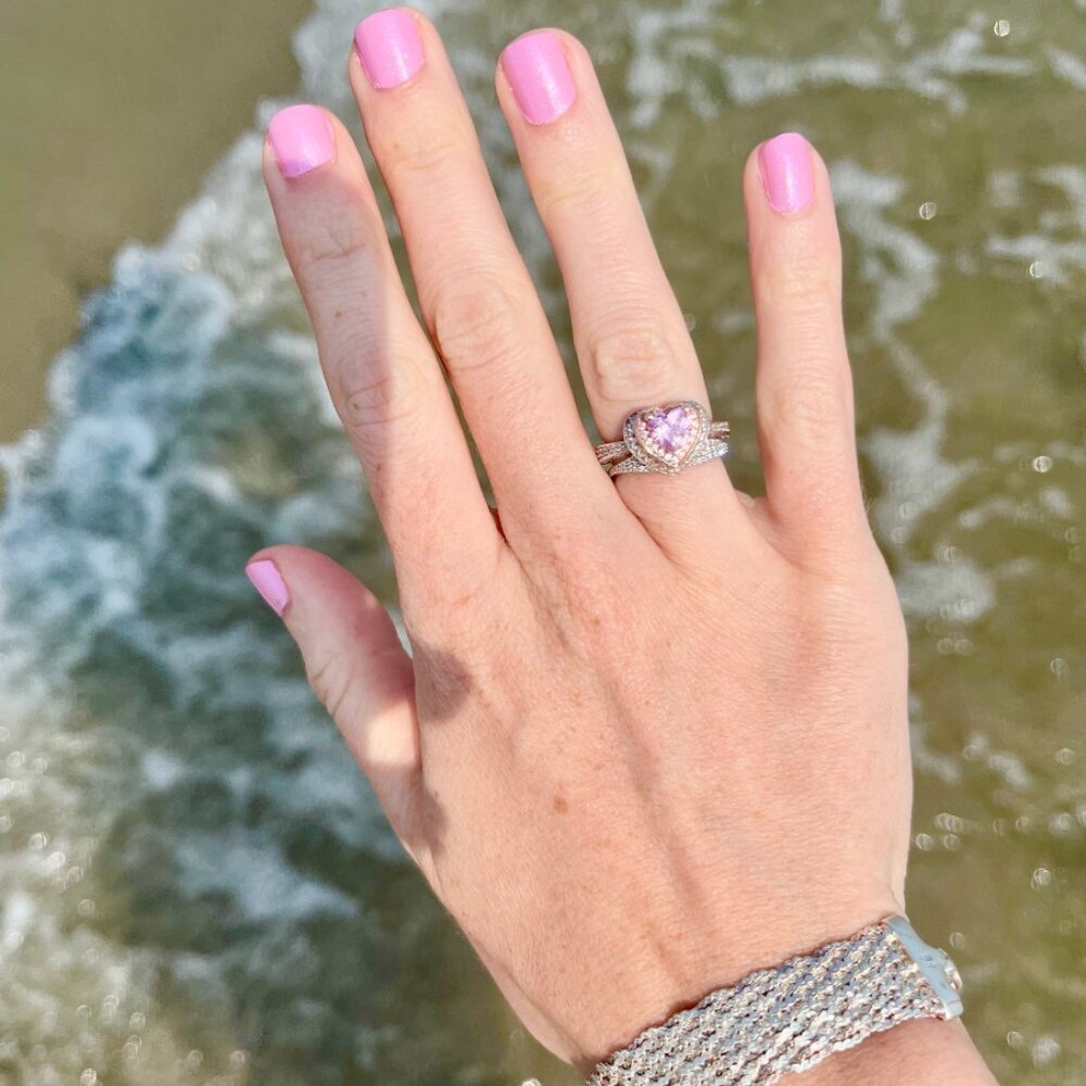 Heart Cut Lab-Grown Pink Sapphire Sterling Silver Two-Tone Double Halo Ring